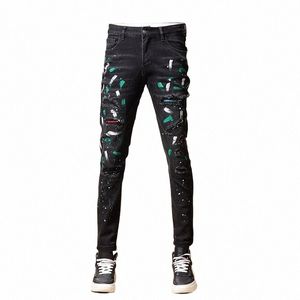 Streetwear Fi Men Jeans Retro Svartgrå Stretch Skinny Fit Ripped Jeans Män målade designer Stred Hip Hop Denim Pants R9kp#