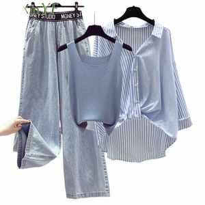 Verão 2023 roupas femininas roupa senhoras casual camisa solta colete perna larga calças jeans 3 peça define fi carta jeans blusa 459o #