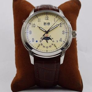 Topp mode automatiska mekaniska självlindande klockor Guld Silver Dial Classic Moon Phase Design Arvwatch Business Leather Str230k