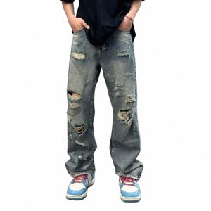 Urban Streetwear Denim Pants Streetwear Men's Ripped Hole Wide Ben Jeans med Multi Pockets Distraed Detales for Casual Hip R6iy#