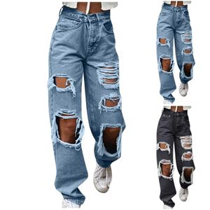 Kvinnors jeans harajuku kvinnor mode jeans gata rippade detaljer rak ben denim byxor enkla avslappnade baggy ficka byxor ropa de mujer 24328