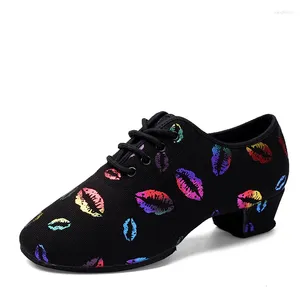 Dance Shoes Latin For Women Children Low Middle Heel Colorful Lips Oxford Cloth Ballroom Salsa Dancing Jazz Sneakers Girls