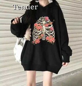 Women's Hoodies Sweatshirts New Y2K Skeleton Print Women Gothic Black Oversized Sweatshirt Ladies Harajuku Hooded Retro Flowers Streetwear 24328