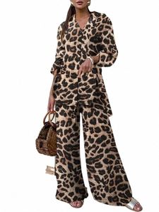 fi Women Leopard Print Pant Sets ZANZEA Casual Loose Tops and Pant Outfits 2023 Autumn Wide Leg Pant Leisure Two Piece Sets Q16g#