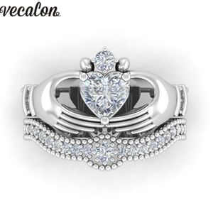 Bröllopsringar Vecalon Luxury Lovers Claddagh Ring 1CT 5A Zircon Cz White Gold Filled Engagement Band Set for Women Men219T