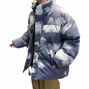 Vit molnigt förtjockar Mens Winter Coat Oversize Parkas Harajuku Korean Style Warm Jackets Stand Collar Outwear N7BY#