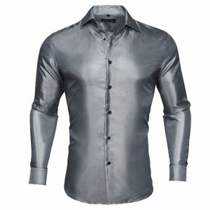 barry.Wang Busin Camicia da uomo di lusso grigia tinta unita manica Lg Butt Down Top maschile seta primavera autunno camicette uomo formale CY-0721 B3bs #