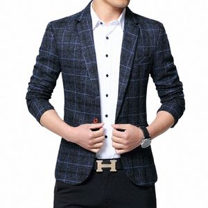 fi Plaid Men's Blazers Autumn Single Butt Blue Khaki Gray Young Man Clothing Casual Busin Slim Fit Male Suits Jacket u0eC#
