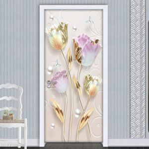 Adesivi 3D stereoscopico fiori di tulipano adesivo per porta decalcomanie da muro fai da te autoadesivo impermeabile carta da parati in vinile poster porta murale decorazioni per la casa