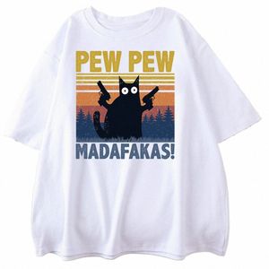 Pew Madafakas Black Cat Print Male Cott Tee Clothing Persality Vintage Cott T-shirts Casual Trend Tops Mens Short Sleeve N66U#