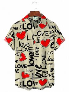 2024 Sevgililer Günü Erkekler Gömleği Kısa Sleve3d Baskı Aşk Grafikleri Gömlek Sokak Giyim Üstleri Gevşek Hawaii Gömlekleri Günlük T-Shirts N9DZ#