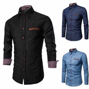 mens Casual Lg Sleeve Slim Muscle Fitn Shirt Butt Down Shirts Lapel Party T Dr Up Solid Color Tops Men's Clothing e69z#