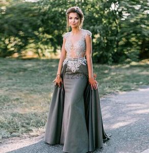 Grey Mermaid Evening Dresses With Overskirt Sheer Neck Cap Sleeve Sweep Train Appliques Beads Long Formal Prom Party Gowns robes d2726409