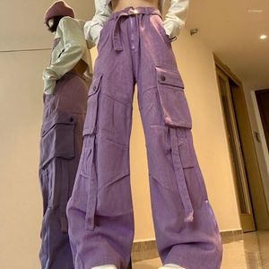 سراويل جينز للسيدات الأرجواني تصميم الأزياء متعددة الجيبات الهيب هوب الشارع الشارع البضائع النسائية الشارع المرتفع مستقيم فضفاضة على نطاق واسع بخصرها