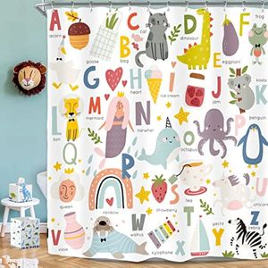 Kids Alphabet Shower Curtains For Bathroom Decor ABC Educational Learning Tool Baby Cartoon Animals Colorful Girls Boys Printed 240328