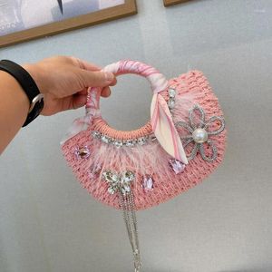 Evening Bags 2024 Summer Handwoven Straw Handbags For Women Silk Handle Sweet Girls Small Pink Totes With Feathers And Rhinestone Flowers