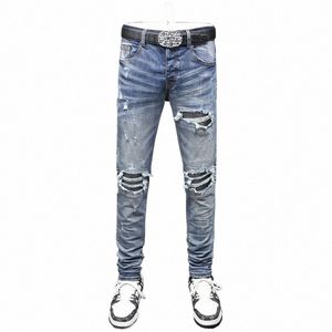 high Street Fi Men Jeans Retro Blue Stretch Skinny Fit Ripped Jeans Men Leather Patched Designer Hip Hop Brand Pants Hombre s8pM#