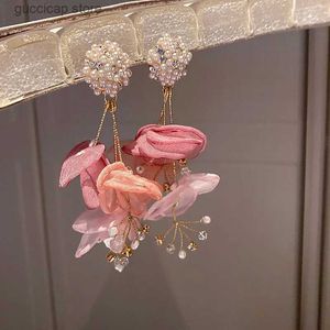 Charm Bohemian Pink Big Chiffon Flower örhängen för kvinnor handgjorda pärlkristallörhängen Multi lager örhängen smycken y240328
