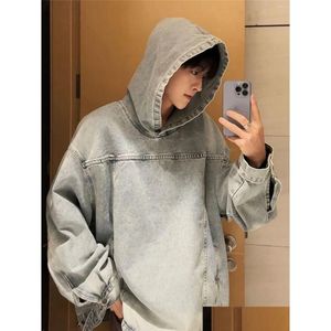 Mens Hoodies Sweatshirts Spring Plover Hooded Washed Denim Sweatshirt Worn Patchwork Fashion Top Drop Delivery Apparel Clothing Otctw