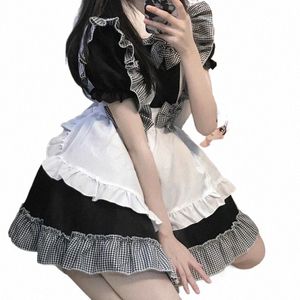 Women Maid Outfit Black Plaid Cosplay Anime Uniform Girl Student Lolita Dr Sweet Style Sweet Bow Cafe Princ Kawaii Dres 41GZ#