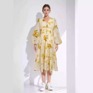 2024 Spring New V-neck Lantern Sleeves Elegant Printed Waist Length Dress for Women