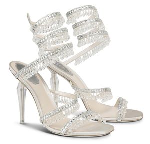 Sposa ReneCaovilla Lampadario Sandali al vento Scarpe Scarpe eleganti da donna Perline di serpente in raso impreziosite da cristalli Cinturino avvolto Tacchi alti da donna Sandali eleganti