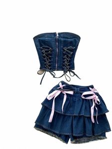 singreiny Hotsweet Denim Duas peças Define Zipper Strapl Y2K Top + Elastic Mini Culottes Lace Up Cross Bandage Streetwear Ternos r7Ij #