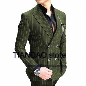 Terno listrado masculino 2 peça duplo breasted jaqueta conjunto busin formal blazer calças masculino casamento noivo smoking f61w #