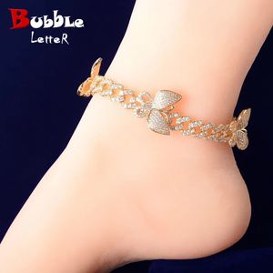 Bubble Letter Butterfly Miami Cuban Link Ножные браслеты Ювелирные изделия для ног для женщин Настоящее золото Позолоченные подвески в стиле хип-хоп 240323