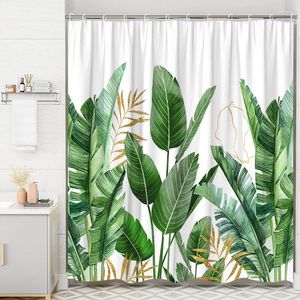 Duschgardiner blad gardin palm tropisk växt blomma grön gård polyester tryckt hem badrumsdekor med krokar