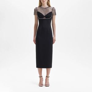 Damenkleid, Netzstoff, kurzärmelig, geraffte Taille, schmal geschnittenes Midikleid