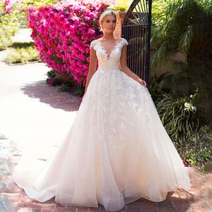 Vestido de Noiva Tulle A-Line Wedding Dress Cap Sleeve Robe De Mariee Backless Bruidsjurken Scalloped Neck Gelinlik