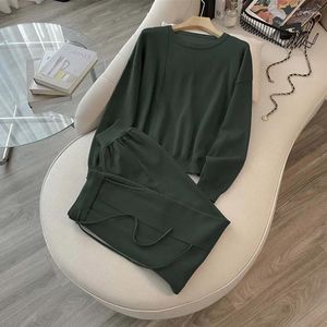 Women's Two Piece Pants High Quality Fashion 2 Peice Set Women Knitting Auutmn Winter Casual Sprots Pullover Sweater Wide Leg Suits