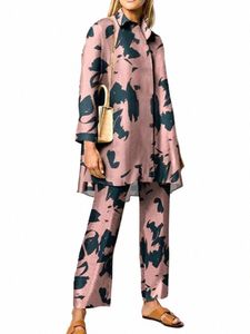 Zanzea Women Casual Pants określa stroje ponadwymiarowe Fi Printowana bluzka LG Rękaw z szeroką nogą spodni streetwear Set z zestawem odzieży 44iq#