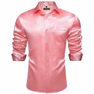 Silk Stretch Satin Men Shirt Lg Sleeve Top Pink Party Wedding Night Club Stage Dr Camisas Ctrasting Paisley Roupas masculinas 57Uq #