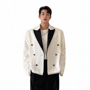 Uomo Nero Bianco Ctrast Colore Splice Allentato Casuale Vintage Breve Blazer Giacca da uomo Giacca da uomo coreana di nicchia Cappotto da donna u9sj #