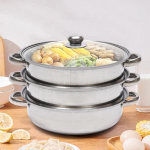 Double Boilers 304 Stainless Steel 3 Tier Steamer Cooker Steam Pot Kitchen Food Cooking Glass Lid