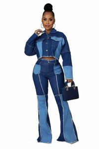 women's Matching Set Denim Patchwork Vintage Short Jacket and Flare Pant Two Piece Set Outfit Autumn Casual Y2K Fi Sets j5ed#