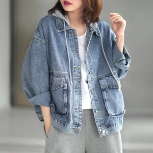 Весенне-осенняя модная женская джинсовая куртка с капюшоном и длинными рукавами, джинсовое пальто, свободная верхняя одежда на пуговицах, повседневная одежда 240320