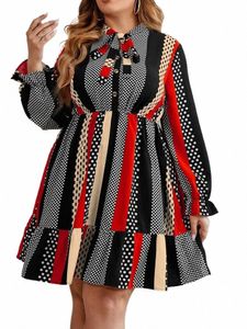 poliestere pieghettato Dr Bow per le donne Plus Size Vintage Dot Pattern elegante e grazioso maniche Lg economici casual estate 2023 G6xl #