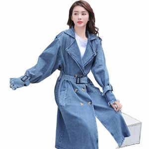 vinterkvinnor denim trenchrock hösten dubbelbröst bälte casual jean överrock lös lg vindbrytare jacka par modeller q0zq#