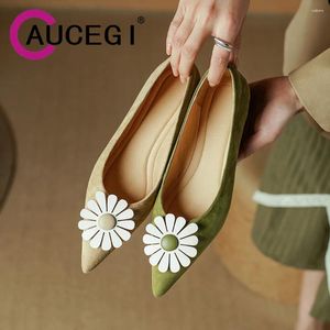 Casual Shoes Aucegi Design Pointy Toe Flat Home Women Green Apricot Flower Suede Female Elegant Summer All Match Sweet Dancing