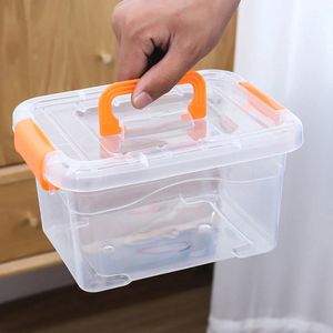 Caixas de armazenamento Casos de plástico transparente à prova de poeira com alças e tampa de grande capacidade Toy Sundries Organizador Banheiro 240327