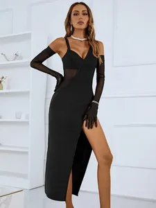 Casual Dresses Women Sexig Black Evening Party Dress med handskar Spaghetti Strap V Neck Open Leg Midi Calf Mesh Bandage Patchwork Prom Bowns