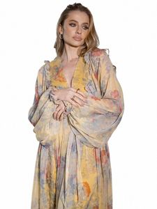 Bandage Chiff Women LG Dres Floral LG Sleeve Pleated Boho Beach Dr Sexy Wrap Maxi Dres for Women Summer 2023 V776#