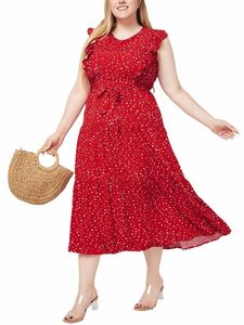 Gibsie Plus Size O-Neck Ruffle Trim Polka Dot Dr Women 2024ホリデーカジュアルサンドドボーホーa-line Summer lg dres with belt d3ma＃