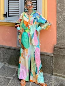 STYLISH LADY Contrast Color Printed 2 Piece Set Women Long Sleeve Shirt and Wide Leg Pant Suit 2024 Spring Loose Elegant Outfits