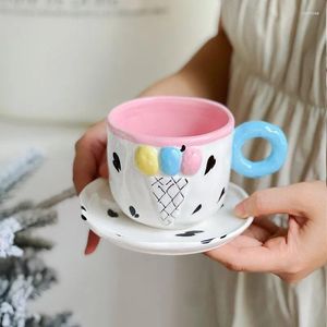 Cups Saucers Creative Cute Embossed Ice Cream Ceramic Hand-painted Coffee And Girly Heart Latte Art Mug Gifts