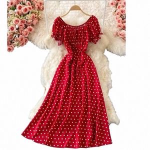 Summer Women Red/Zielone/White Polka Dot Lg Dr Beach Vacati Sexy Short Tleeve High Tail Talia A-Line Party Robe Nowy Q3UF#