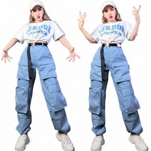 Frauen Jazz Dance Kostüm Hip-Hop Dance Wear Weibliche Kurzarm Cropped Top Tasche Cargo Hosen Bühne Leistung Kleidung SL5380 S3GP #